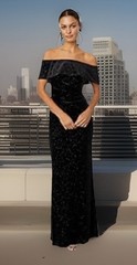 Xscape Black Off Shoulder Glitter Velvet Pleated Gown Dress Size 12 NewNoTags