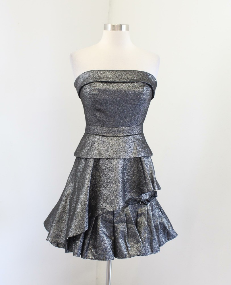 Banana Republic Monogram Silver Metallic Strapless Ruffle Party Cocktail Dress 2