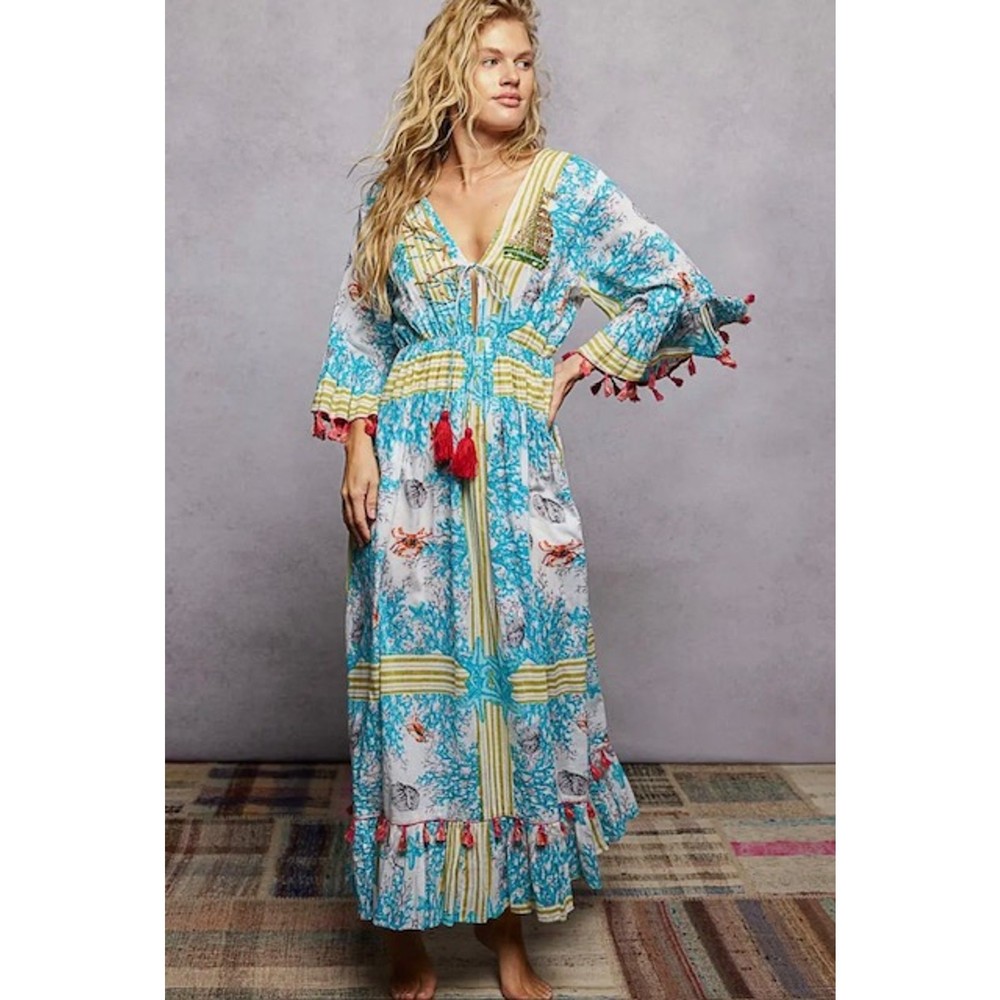 POL – Beach Inspired Pattern Ruffle Sleeve Tassel Maxi Dress – Large