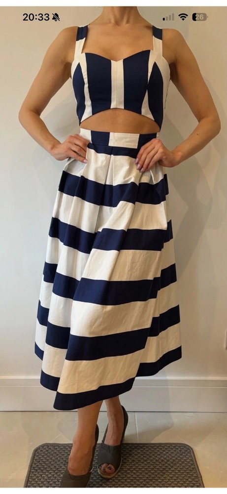 ASOS sun dress midi length UK Size 10 navy white stripe 97% COTTON