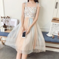 Women Embroidered Princess Dress Splicing Mesh Tulle Lace Spaghetti Strap