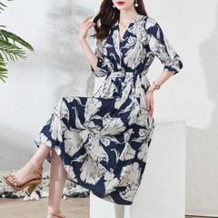 100% Mulberry Silk Dress Women&rsquo;s Mid Length Summer New Fashion V-neck Silk Dress