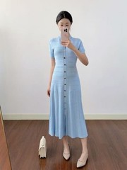 Sandro Women&rsquo;s Denim patchwork knit Short sleeve long Dresses