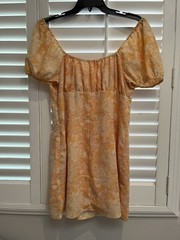 BP Ditsy Floral Yellow Orange Tie Front Side Zip SS Multicolor Mini Dress L NEW