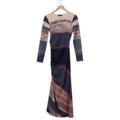 Luxury Women Navy Mauve Tie Dye Ruched Long Sleeve Mesh Maxi Dress Size S