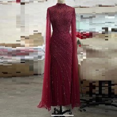 Luxury Beaded Mermaid Evening Gown Tulle Sheer Ruched Long Sleeved Ball Dress
