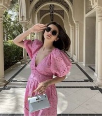 NWT_ZARA SS22 OPENWORK EMBROIDERED DRESS PINK MIDI BALLOON SLEEVES 0881/303