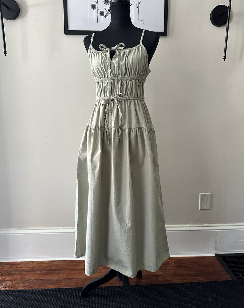 SIM & SAM Green Solid Square Neck Strappy Tie Woven Cotton Midi Sundress S