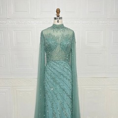 Luxury Beaded Mermaid Evening Gown Tulle Sheer Ruched Long Sleeved Ball Dress