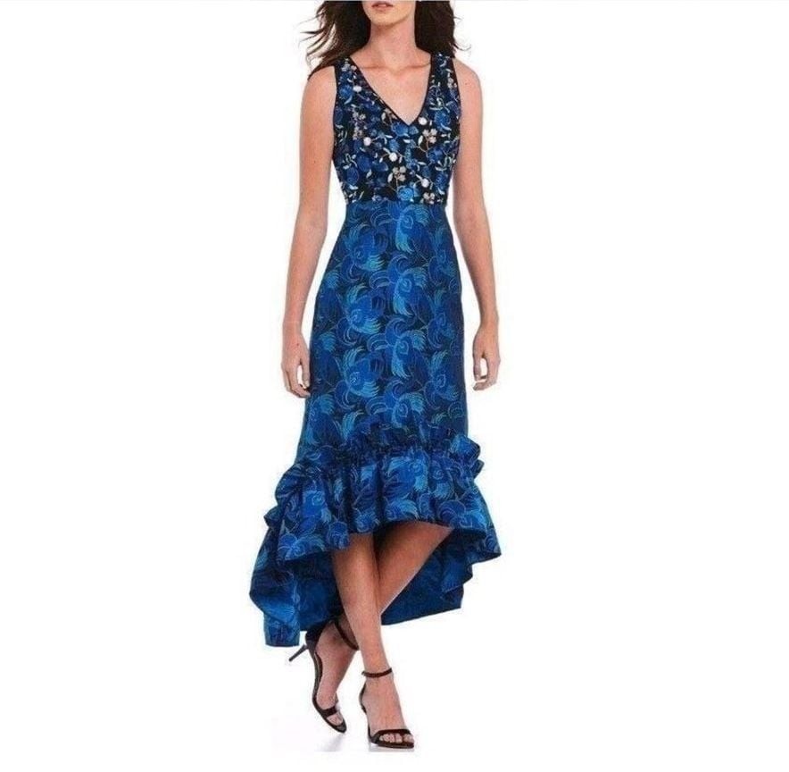 Belle Badgley Mischka Embroidered Ruffle High-Low Jacquard Gown