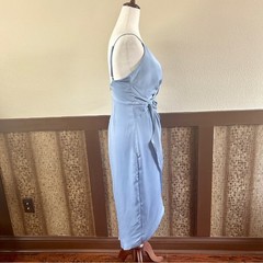 Floret Studios Draped Sleeveless Faux-Wrap Midi Dress Light Blue Medium NWT
