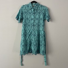 Modaposa Eyelet Cotton Tiered Shirt Dress Blue Sz M Boho Western Cottage Scallop
