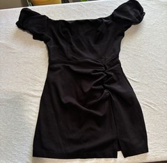 Pear Culture Black Off-Shoulder Puff Sleeve Ruched Mini Dress Size M