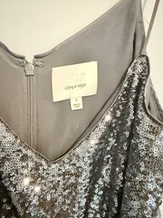 Cinq à Sept Silver Sequin Feather Hem V-Neck Strappy Mini Dress Zip Size 2