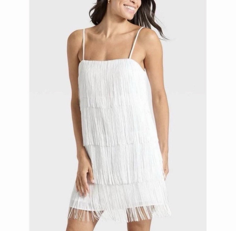 A New Day White Fringe Shift Dress Size LG Short Square Neck Adjustable Straps