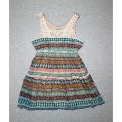 Ultra Pink Boho Lace Trim Geometric Print Tiered Mini Dress XL Turquoise Brown