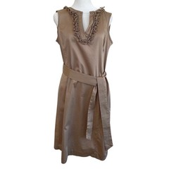 Talbots Petites Tan Khaki Ruffle Neck Sleeveless Belted Sheath Dress 10P