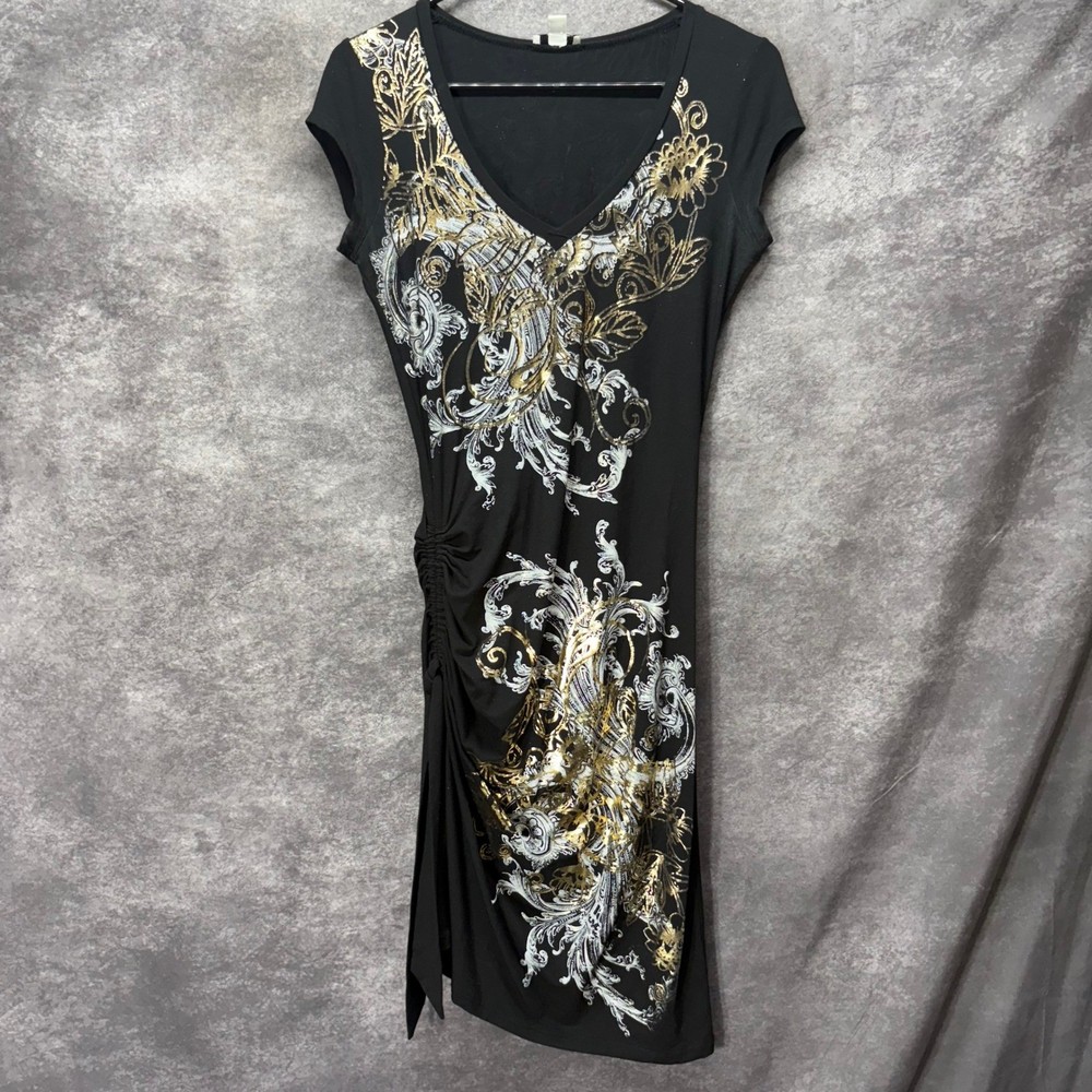 Y2K Cache Gold Silver Scroll Floral Baroque Print Faux Wrap Dress Size S Black