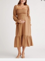 Quince Smocked Bodice Maxi Dress Warm Tan Brown 100% Cotton Tier Peasant Midi