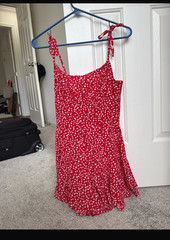 Red White Floral Mini Sundress Women’s S Square Neck Tie Straps Sleeveless