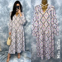 New TU Blue Pink Print Long Sleeve Flowy Long Chiffon Dress Size 14 Summer Beach