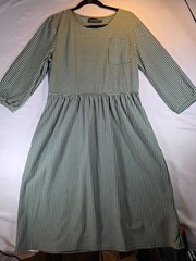 MEROKEETY Women&rsquo;s XL Green White Striped Midi Dress 3/4 Balloon Sleeve Pockets