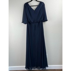After Six Midnight Navy V-Neck Split Sleeve Blouson Maxi Dress Gown 14R NWT