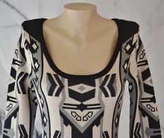 T/O SWEATERS Black Tan Gray Patterned Sweater Dress Small 3/4 Sleeves Acrylic