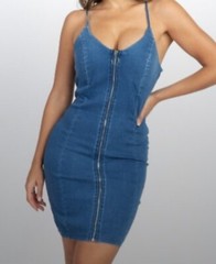 IRIS BASIC Denim Mini Dress front zip stretch Padded Bust Size Small
