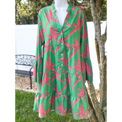 Women’s Tropical Palm Print Tiered Mini Dress Green Pink Large