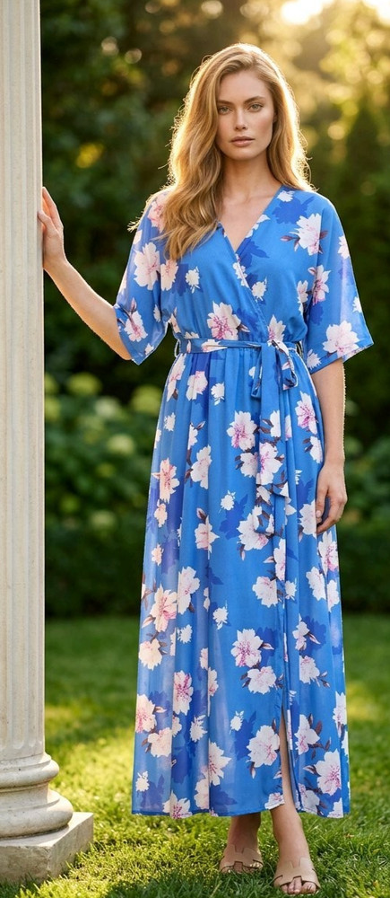 NWT Anrabess Floral Maxi Dress Kimono Wrap Belted Side Slit Wedding Guest M
