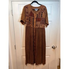 MPH Brown Patchwork Embroidered Rayon Midi Dress L Earthy Festival Vintage 90s