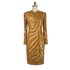 Vintage AJ Bari Womens 12 Gold Silk Sequin Long Sleeve Cocktail Evening Dress