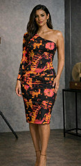 Bold Elements Plus One Shoulder Abstract Print Bodycon Midi Dress 1X Long Sleeve