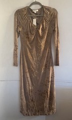 NWT Francesca&rsquo;s Floral Burnout Tan Dress Ruched V Neck M Long Slv Lined Stretch