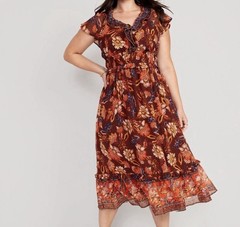 Old Navy Size-L Womens Midi Floral Dress Shirt Sleeve Tiered Lined
