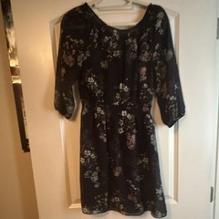 maurices Black Floral Short Dress Scoop Neck Sheer 3/4 Puff Sleeve S