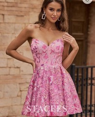 Stacees Pink A-Line V Neck Floral Sequin Short Party Dress Plus Women’s Size 22