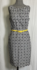 Chaps Black and White Geometric Print Sheath Dress Pockets Yellow Belt Size 10