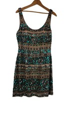 Vtg Scala Dress 100% Silk Sequin Beaded Formal Evening Mini Nude/Teal/Gold, 12