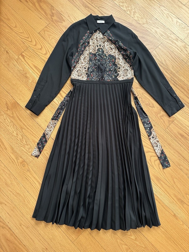 Sandro Paris Pleated Button Front Midi Dress Belted Black Size 42 EU/10 US