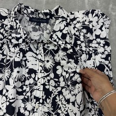 Tommy Hilfiger Shirt Dress L Black White Floral Linen Blend Cottage Coastal Chic