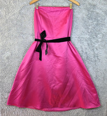 Alfred Angelo Hot Pink Satin Strapless Cocktail Dress Black Velvet Bow Sash 14