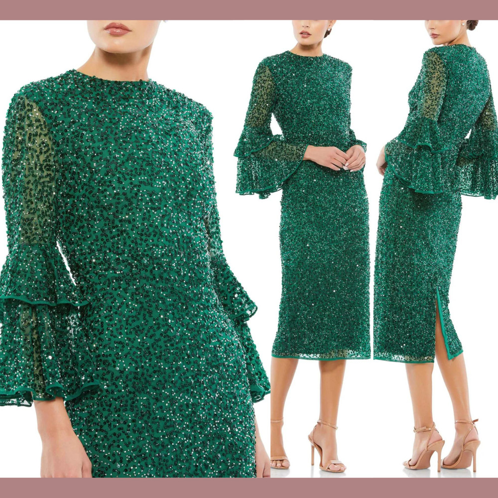 NWT $458 Mac Duggal [ 18 ] Sequined Ruffle Tiered Midi Dress Emerald #G1281