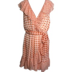 LC Lauren Conrad Dress Sz 2X Orange Gingham Sleeveless Faux Wrap Ruffles Tie