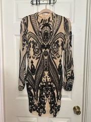 Main Strip M Beige/Black Mesh Sequin V-Neck Long Sleeve Bodycon Short Dress