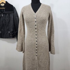 Commense Stacking V-Neck Split Breasted Knit Sweater Dress Beige Bell Sleeve SML