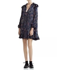 Maje Riley Navy Ruffled Paisley-Print Mini Dress Size UK 1 XS S