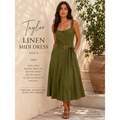Taylor Olive Green Linen Midi Dress Belted Size 8 Coastal Resort Minimalist Chic