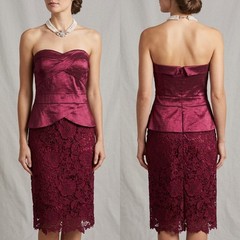 Alexon burgundy padded bust strapless lace detail occasion knee length dress 16